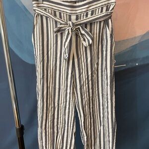 LOFT Grey and White Striped Tie-Waist Pants